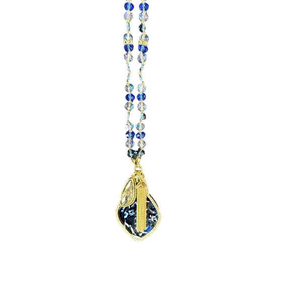 Blue and Crystal Beaded Necklace - with love - Long 36" Tassle - Picture 5 of 5